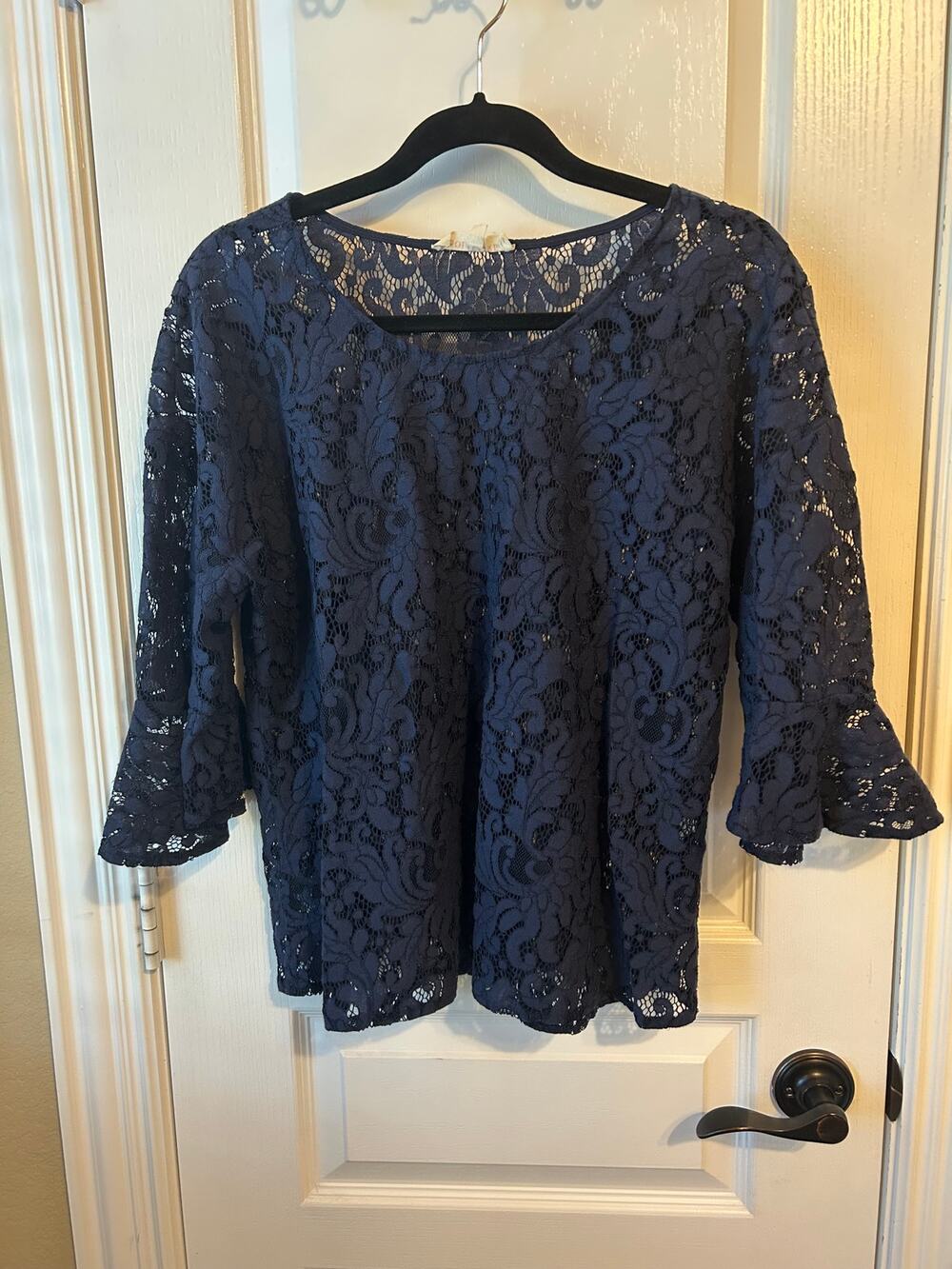 Solitaire XL Navy Bell Sleeve Lace Top Sheer